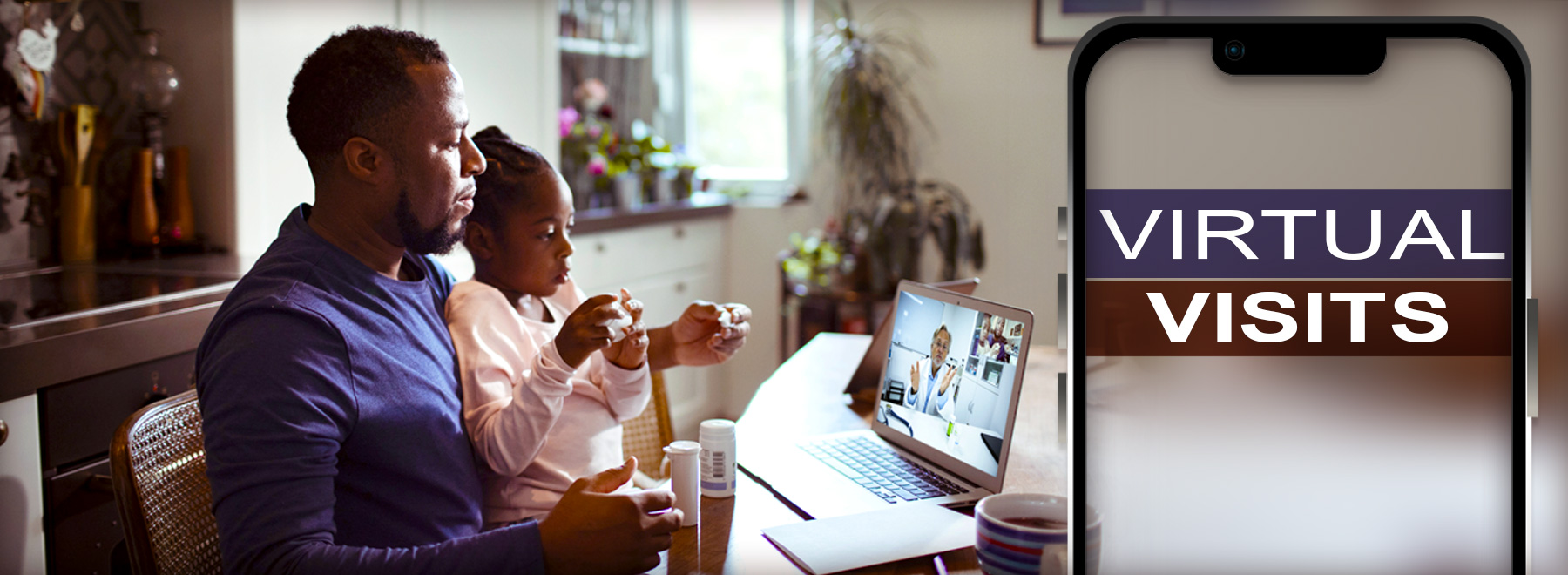 African American Father adn daughter talking to a physician over the internet